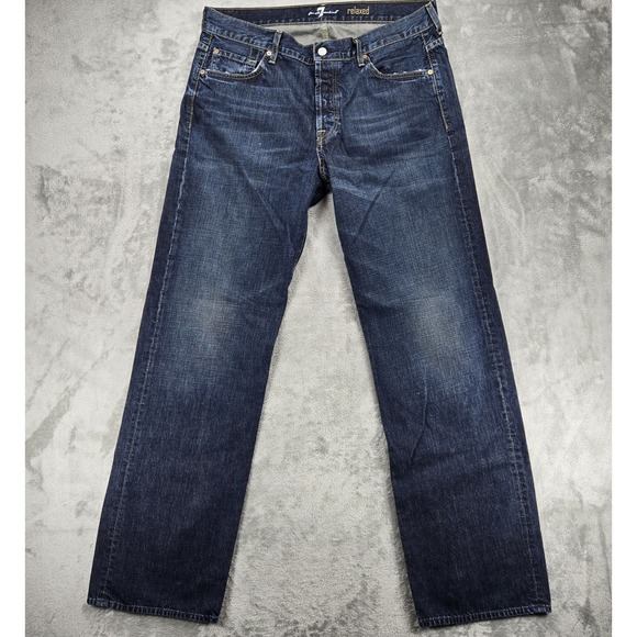 7 For All Mankind Relaxed Fit Jeans Mens 36x35 Dark Blue Wash Straight Leg Denim - Picture 1 of 12
